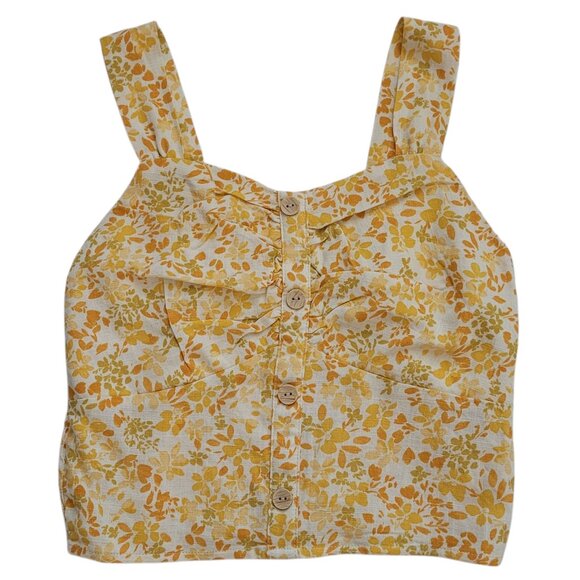 Monteau Los Angeles Tops - Monteau Yellow Floral Linen Blend Cropped Button Front Tank Top Size M